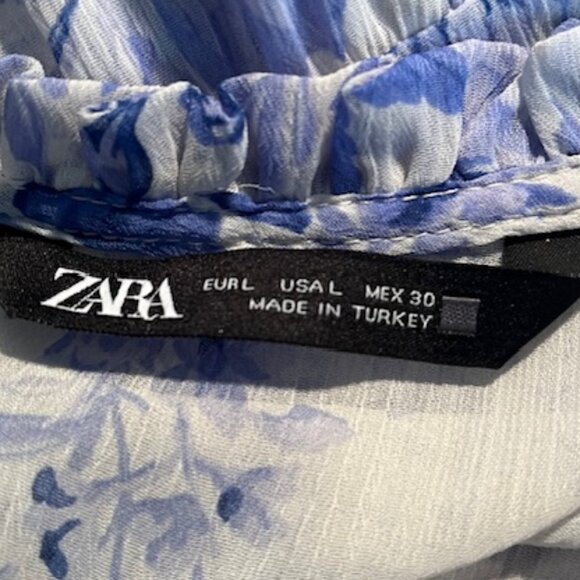 Zara Blue & White Floral Ruffle Trimmed Long Sleeved Blouse- Size L - Picture 7 of 9